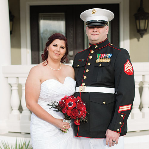 Couple photographed on their wedding day.